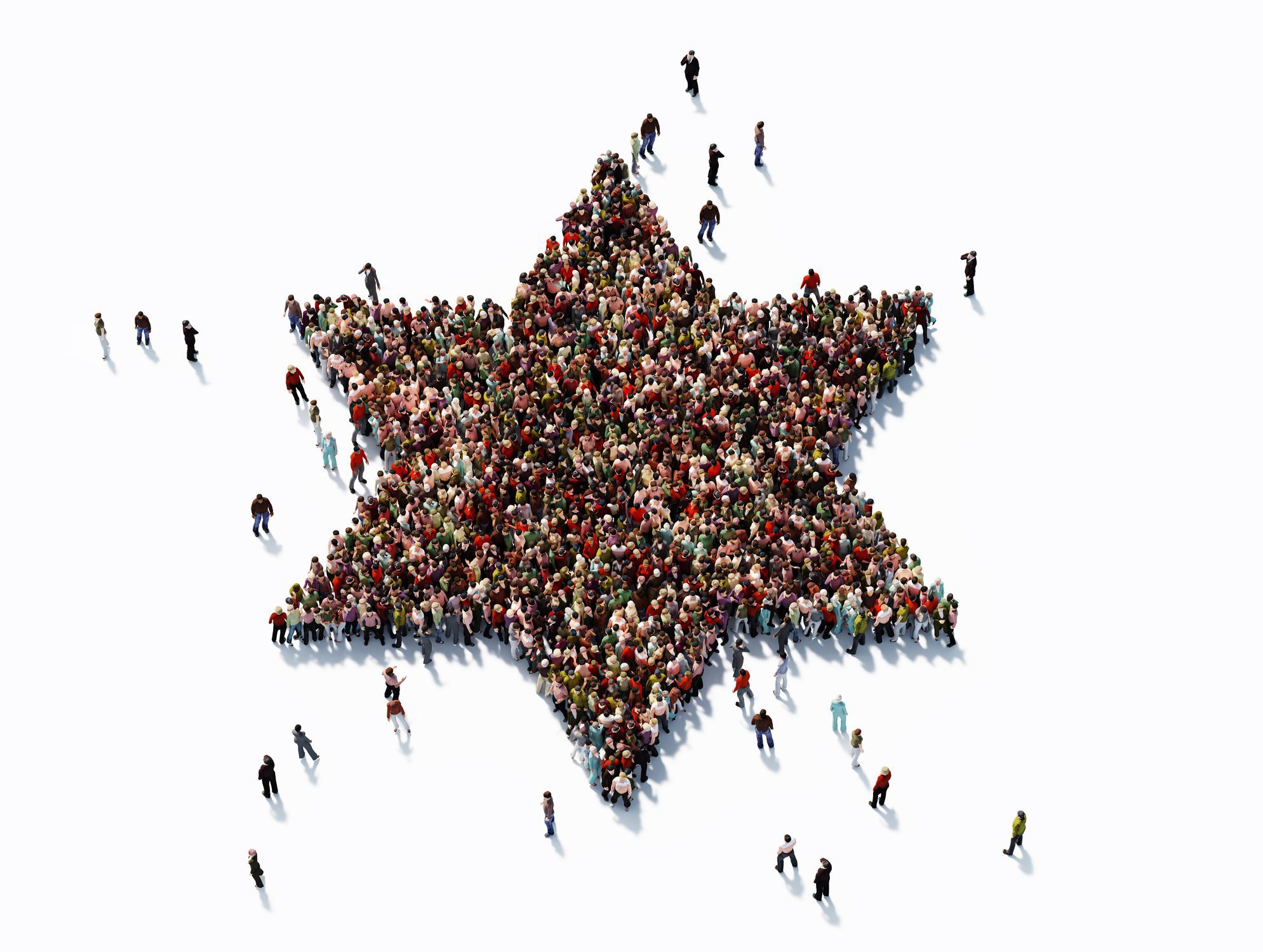 Human crowd forming a big David's star on white background. Horizontal composition with copy space. Clipping path is included.